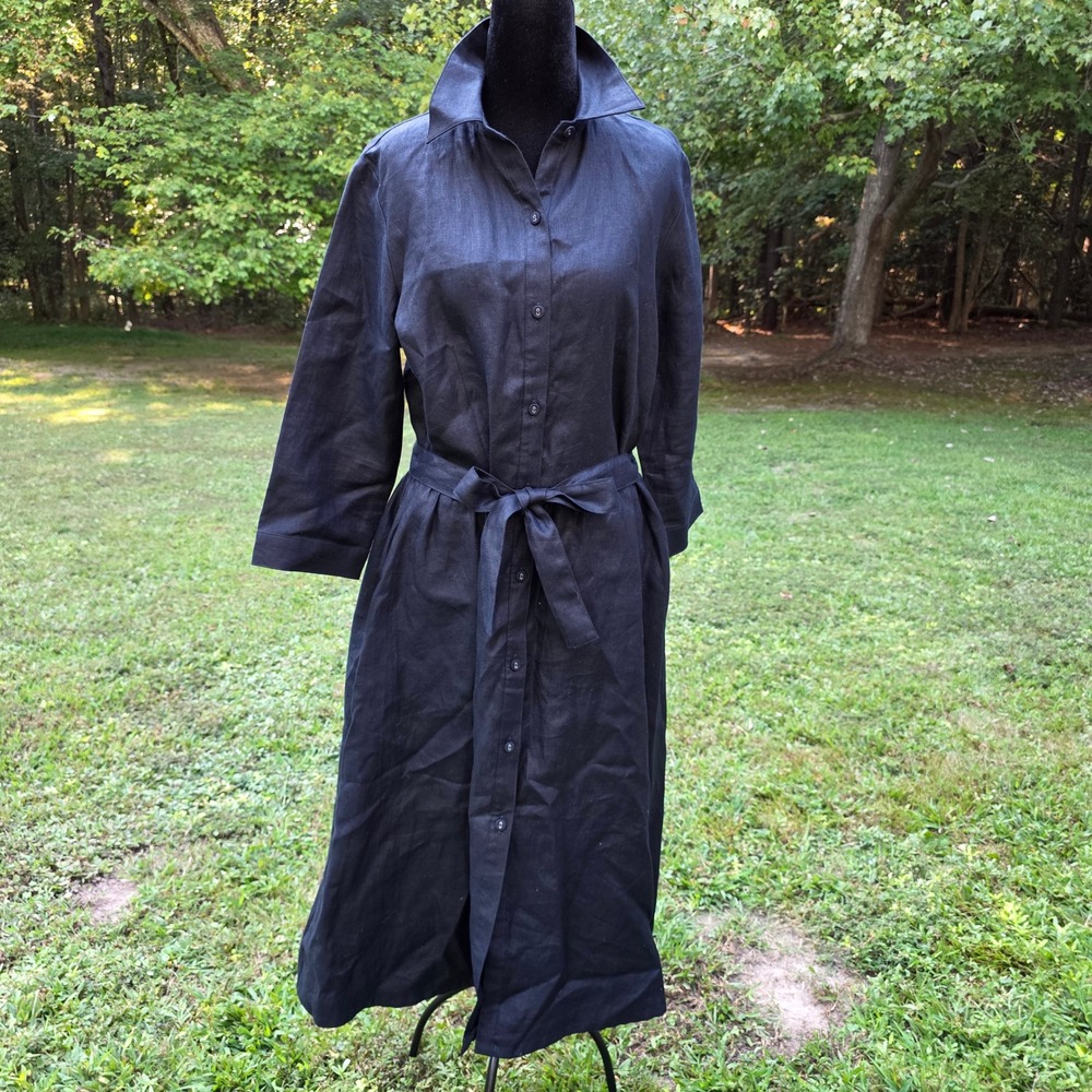 LANDS' END Black Women's 14 Linen Belted Shirt Dress Midi Long Sleeve Timeless